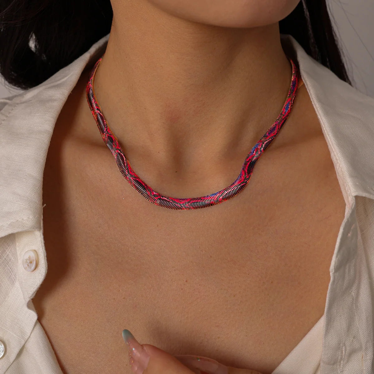 Ruby Blue snake chain necklace worn