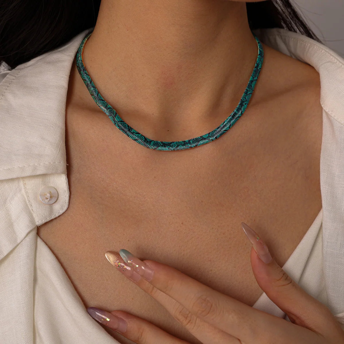 Emerald Green snake chain necklace worn
