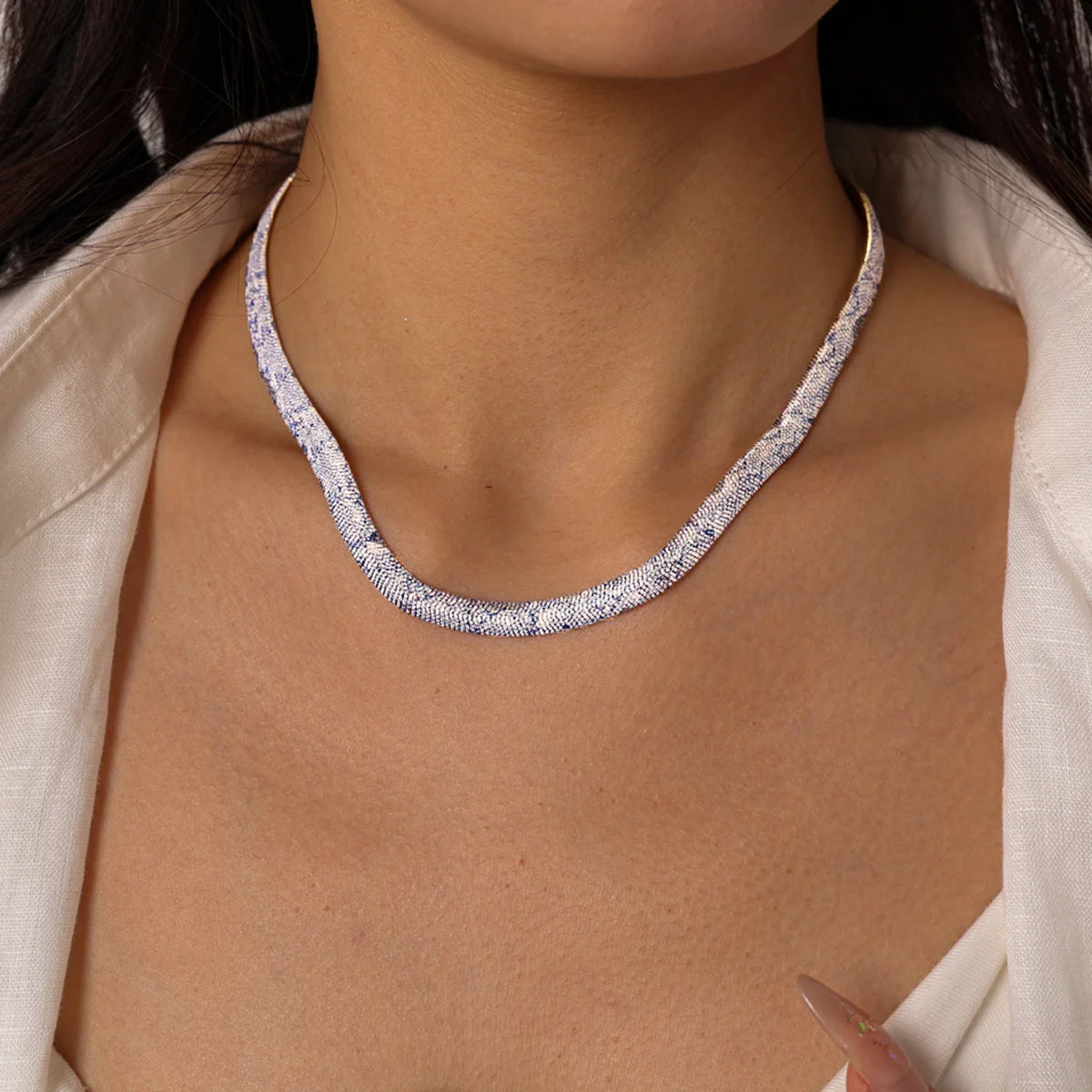 Lilac Silver snake chain necklace worn