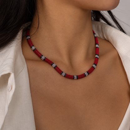 Coral Red snake chain necklace worn